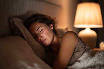 Young woman sleeping peacefully in cozy bed