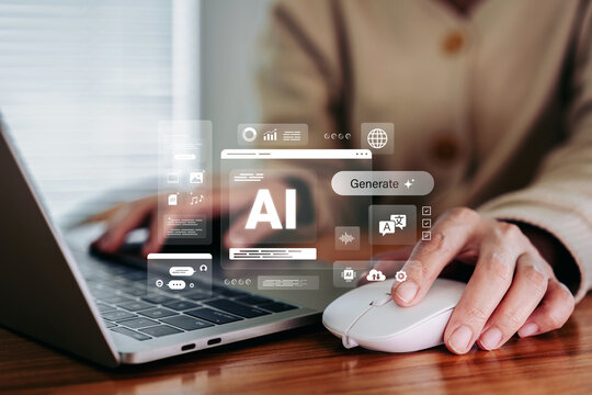 Skilled business hands using ai integrate artificial intelligence solutions with technology tools to generate innovative content and manage important digital documents - Powered by Adobe