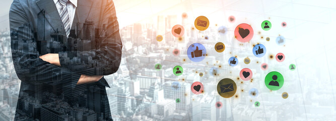 Concept of digital marketing and online communication. A network of user engagement is shown through social media feedback notifications which helps build a strong community. Fermion