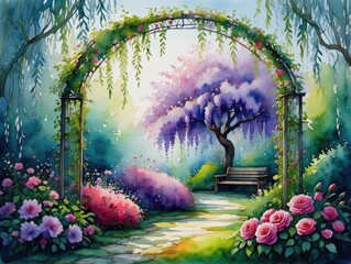 Watercolor Garden Scene