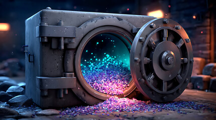 An open heavy metal bank vault door revealing a treasure trove of sparkling colorful gemstones and crystals spilling onto a rough stone floor with glowing orange lights in the background