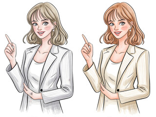 Professional businesswoman pointing upwards with confident smile, showcasing options for success