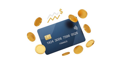 Blue Credit Card with Coins and Dollar Sign
