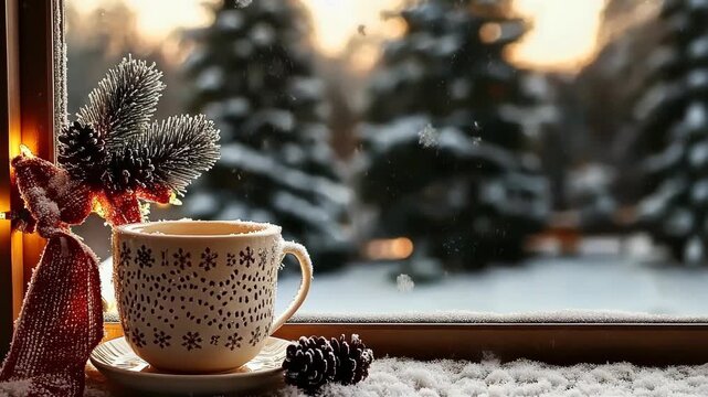 Cozy winter morning: snowfall viewed through a frosty window with hot drink and pinecone decor