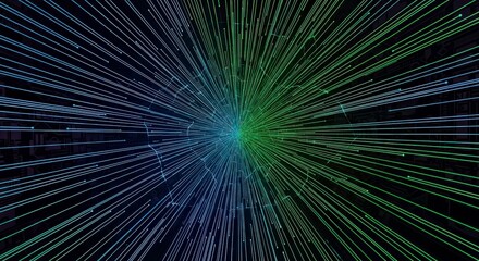 Obraz premium Vibrant green and blue light lines radiating from a central point