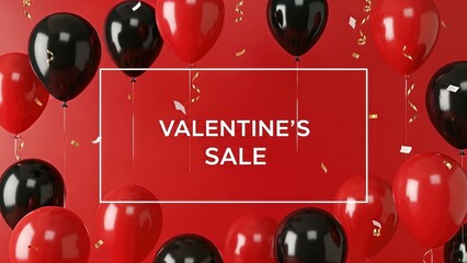 Colorful balloons in red and black shades float against a vibrant red background, celebrating love and joy for Valentine's Day with festive decorations and a sale announcement