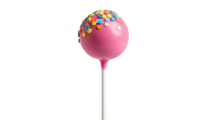 Bright pink cake pop on a stick with colorful confetti sprinkles, fun bite‑size party dessert perfect for birthdays, kids celebrations, candy buffets and playful bakery displays

