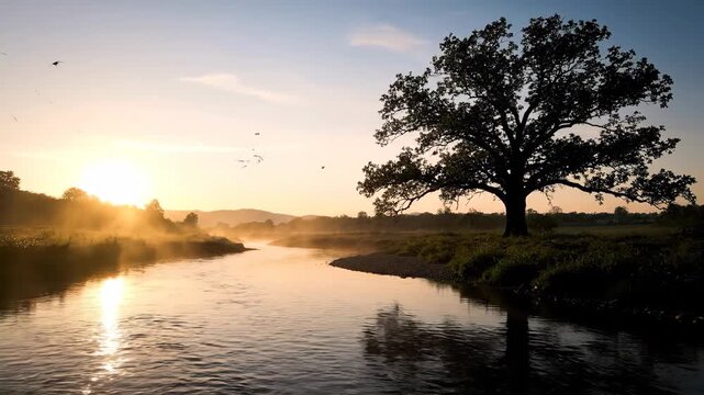 Majestic Oak Tree Silhouetted Against a Golden Sunrise Over a Misty River.
