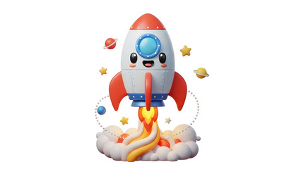 Cartoon Rocket Ship Blasting Off into Space with Smiling Face
