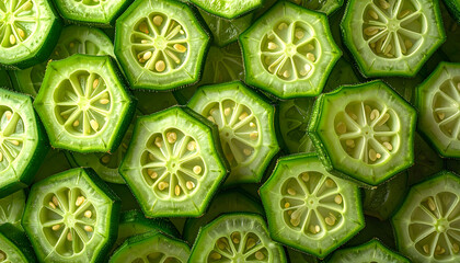 Fresh green okra slices background texture pattern