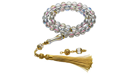 Tassel Rosary with Iridescent Beads on White Background