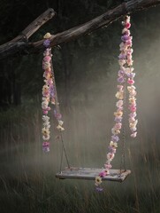 Floral Swing in a Misty Forest