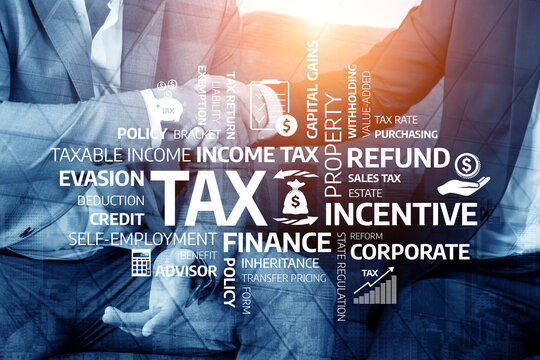 Two business professionals shake hands, surrounded by key tax terms and concepts, representing partnership and strategic financial consulting in a modern setting. Tessel
