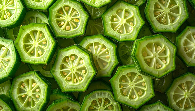 Fresh green okra slices background texture pattern