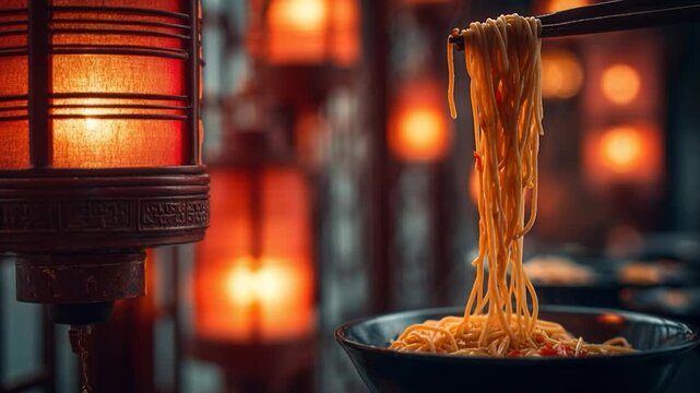 Warm noodle bowl with chopstick beside lantern at night street, steam rising from asian food comfort meal, warm light bokeh, traditional style cozy warm restaurant scene