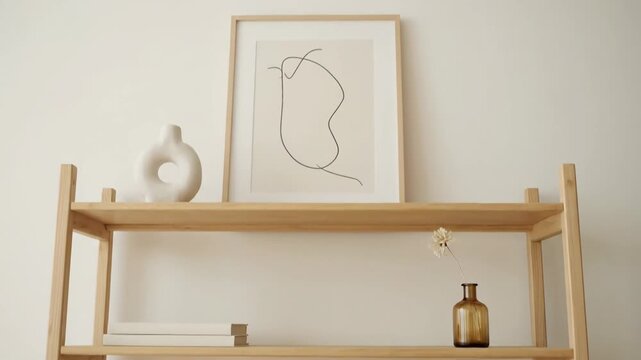 Minimalist wooden shelf with decorative objects and artwork.