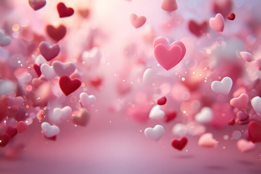 Pink Hearts Floating on Pastel Background with Bokeh Effect