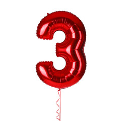 Vibrant Red Number 3 Shaped Helium Balloon for Birthdays, Valentine's Day, and Anniversaries &ndash; Isolated on Transparent Background; PNG
