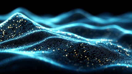 A glowing digital particle wave in motion, representing big data flow, information processing and advanced technology concept.