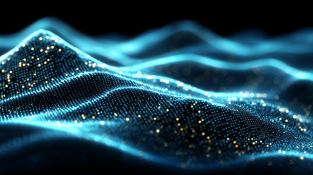 A glowing digital particle wave in motion, representing big data flow, information processing and advanced technology concept.
 - Powered by Adobe