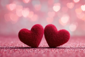 Fototapeta premium Red Hearts on Pink Glittery Surface with Bokeh Background