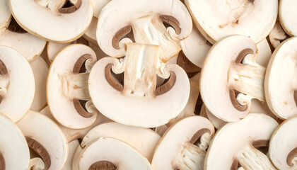 Fresh white champignon mushroom slices background texture pattern