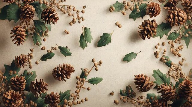 Pine cone holly leaf winter background holiday frame rustic decoration natural border botanical design seasonal foliage beige paper copy space rustic natural beige border frame holiday autumn winter