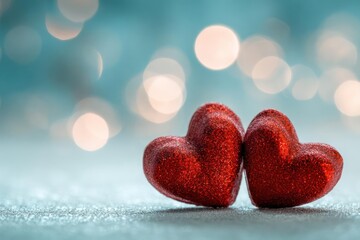 Fototapeta premium Red Hearts on Glittery Surface with Bokeh Lights