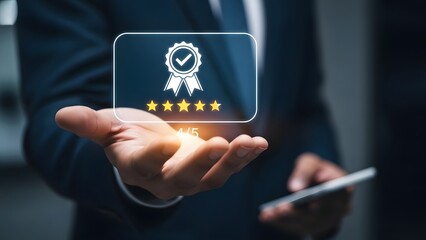 Businessman presenting a glowing rating icon with a checkmark and five stars