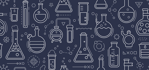 Seamless pattern - school chemistry background, geometric science laboratory background. Medical, chemical or biology lab, school education concept with tubes and flasks, vector illustration