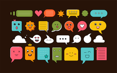 Geometric background with speech bubbles with smiling faces. Abstract set with different shapes text boxes, cute characters of dialog clouds with heart and crown, vector flat illustration
