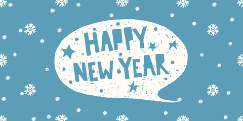 Happy new year background with crayon snowflakes and speech bubble with holiday text. Holiday banner with snow, chalk texture, vector illustration