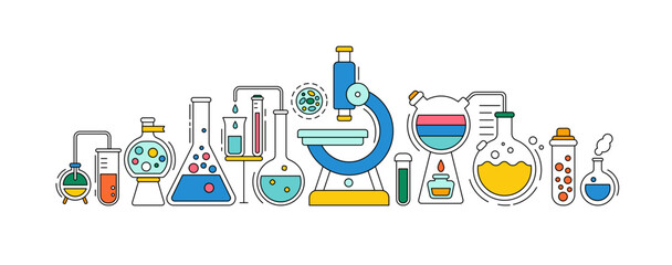 Medical laboratory icons with microscope, flasks and chemical research equipment. Outline banner of scientific lab with microscope, glass tube, beaker, molekule and cell, vector illustration
