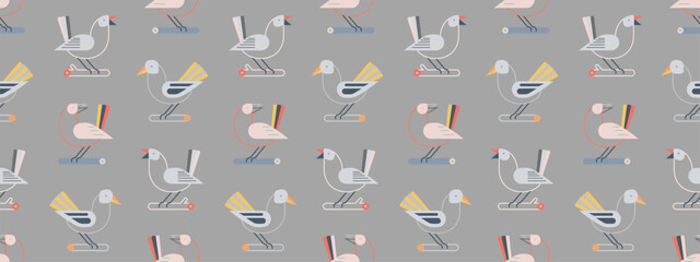 Seamless pattern with cute birds sitting on branches. Hand drawn autumn background with leaves, branches. Retro pattern with geometric birds, vector illustration