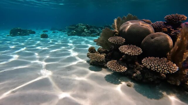 Sunlit Underwater Coral Reef Scene with Bright Patterns.