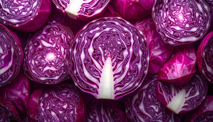 Fresh purple red cabbage slices background texture pattern
