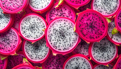 Fresh pink dragon fruit slices background texture pattern