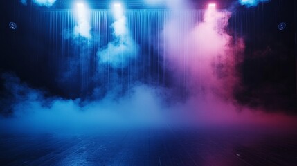 Fototapeta premium Colorful stage lights illuminate a foggy performance space during a live event