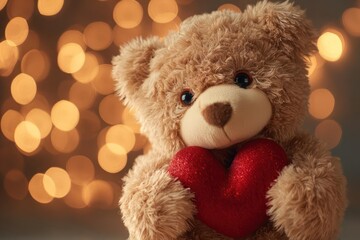Fototapeta premium Brown Teddy Bear Holding Red Heart in Front of Bokeh Lights
