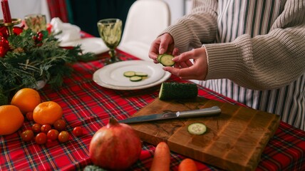 Preparing a festive holiday meal with fresh ingredients and seasonal decor