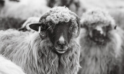 Close-up portrait of woolly ram with thick curly fleece © VSzili