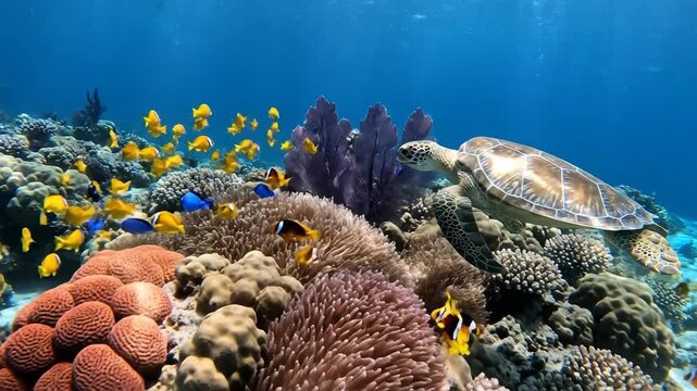 Vibrant Underwater Coral Reef Scene with Colorful Fish and Turtle.