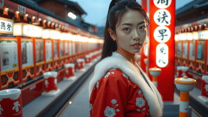 Junge Frau im roten Kimono steht in einer beleuchteten traditionellen Laternenstra&szlig;e