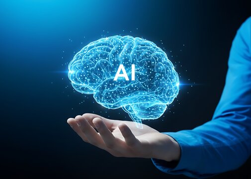 Hand holding digital ai brain concept