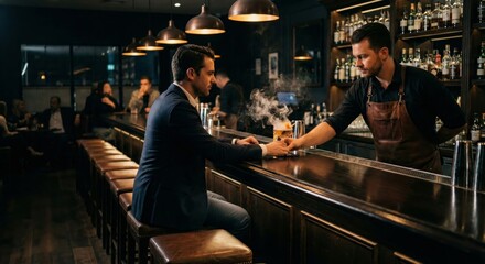Bartender Serving Drink to Customer at Bar