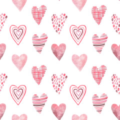 Soft Watercolor Pink and Red Hearts Seamless Pattern