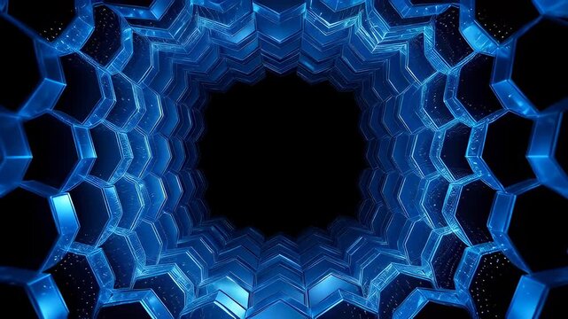 Abstract blue hexagon tunnel with metallic texture and glowing lights in a seamless 3D animation, creating a futuristic technology background.