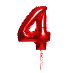 Vibrant Red Number 4 Shaped Helium Balloon for Birthdays, Valentine's Day, and Anniversaries &ndash; Isolated on Transparent Background; PNG