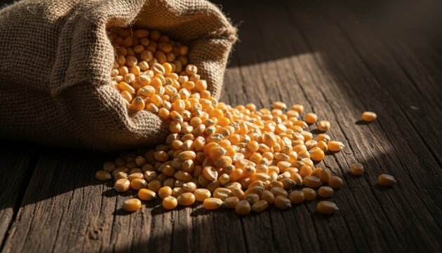 Raw popcorn kernels spilling from a jute bag onto dark rustic wood surface