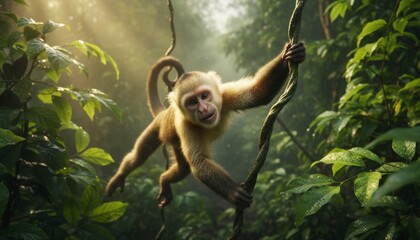 Wild Monkey Swinging on Vine in Sunlit Tropical Rainforest Canopy